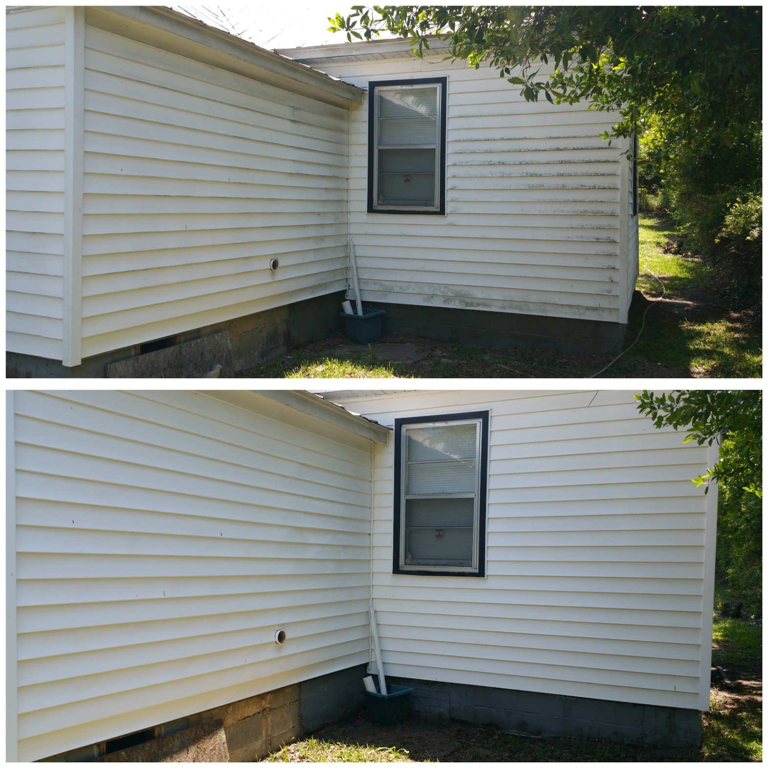 Before and after pressure washing siding